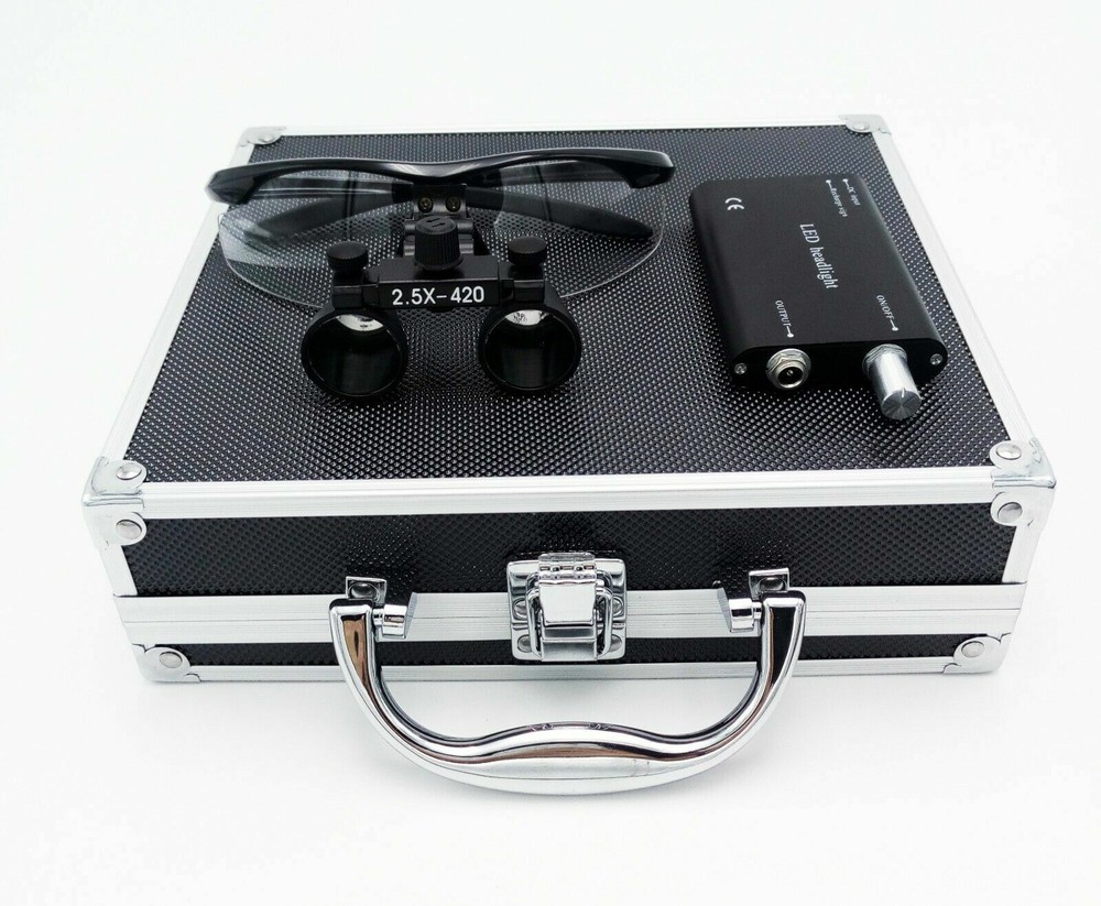 Dental 2.5X Binocular Loupes with 3W LED Head Light Aluminum Box Black US STOCK