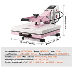 VEVOR Heat Press Machine 15×15 in Slide Out Heat Transfer Machine T-Shirts Pink