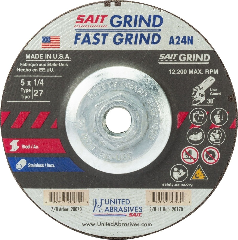 United Abrasives-SAIT 20170 A24N Fast Grinding Wheel 5″ x 1/4″ x 5/8-11″ Type 27