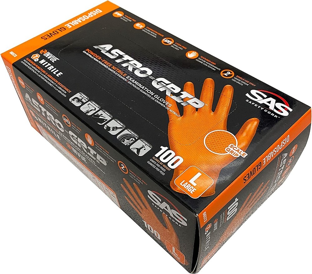 SAS ASTRO GRIP ORANGE Nitrile Gloves Powder Free NEW 7mil Version 100/BX MD-L