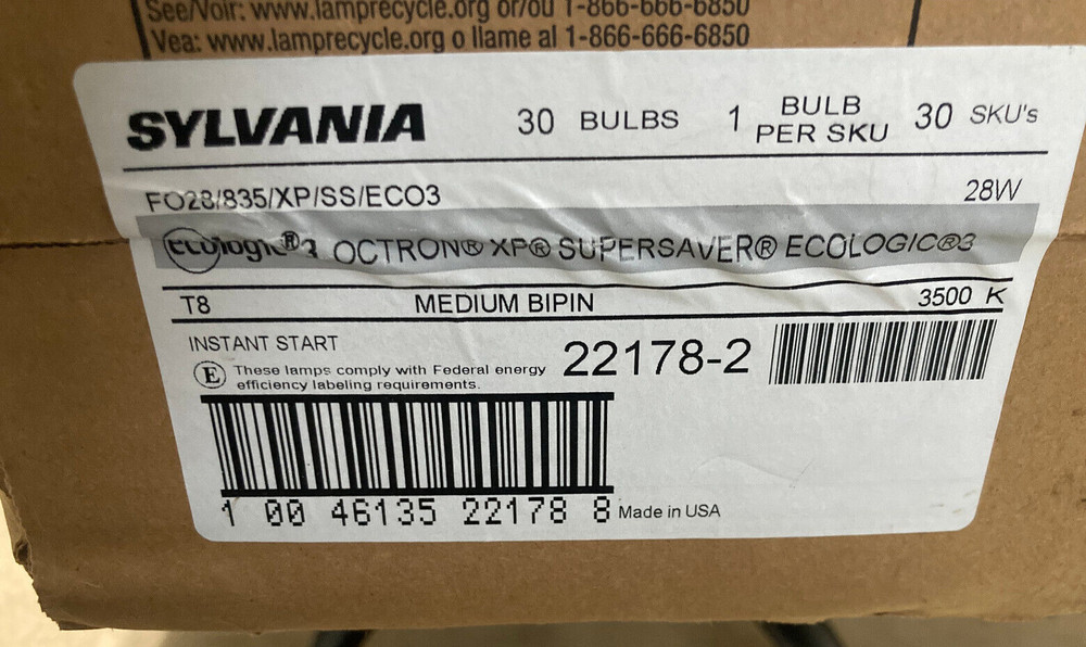 Sylvania FO28/835/XP/SS/ECO3 22178 T8 28W 48 in 4 ft. NEW LOT OF 5 bulbs