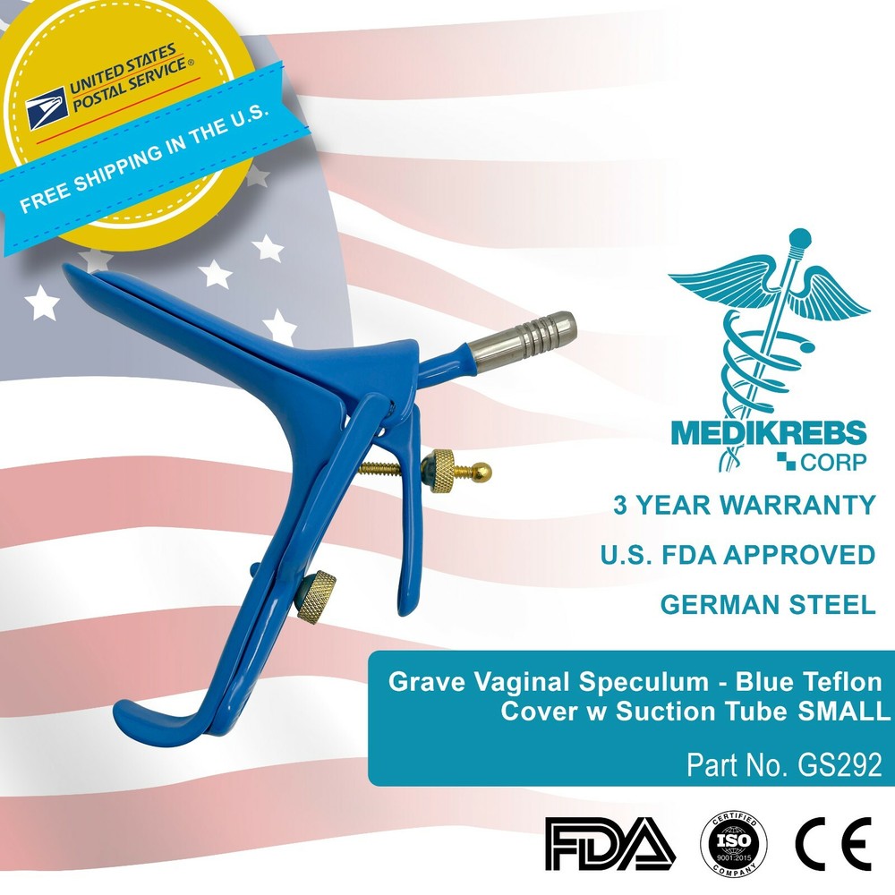 Grave Vaginal Speculum – Blue Teflon Cover w/ Suction Tube SMALL