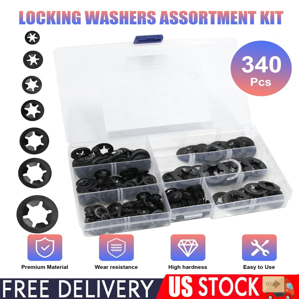 340pcs Internal Tooth Star Lock Spring Quick Washer Push On Speed Nut Assortment