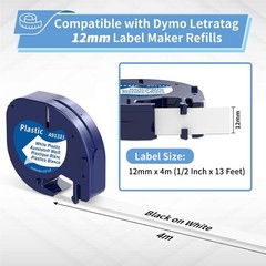 7PK Dymo Letratag Refill 91331 91330 White Plastic 12mm Label Tape 1/2″ LT-100H