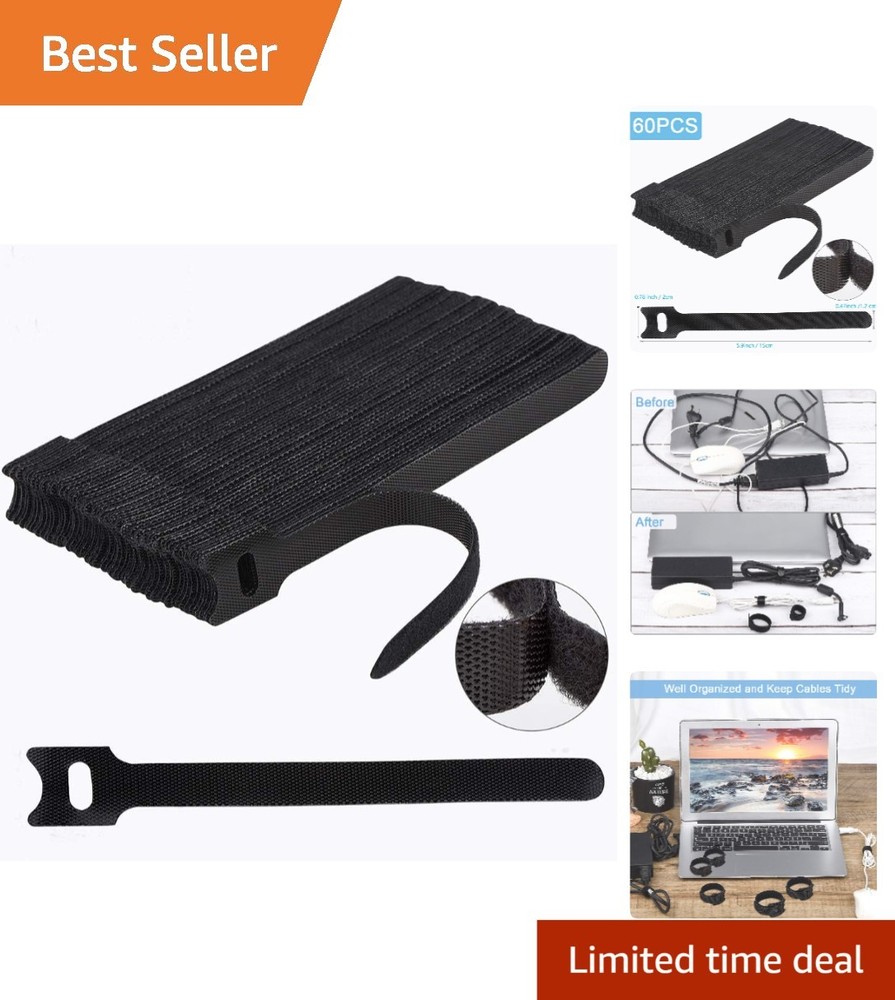 6 Inch Hook and Loop Cable Ties – 60 Count for Simple Cord Management