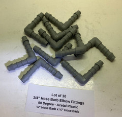 Lot of 10 1/4″ Hose Barb Elbow Fittings – 90 Degree – Acetal Plastic – 1/4″ Barb