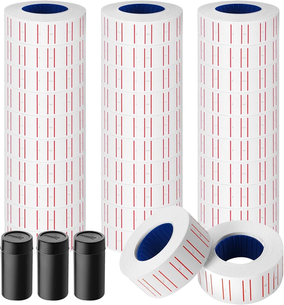 30 Rolls 15000pcs White Price Gun Labels 30 Red Line + 3 Refill Inks