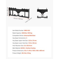 Uimoso 45″ 4000lbs Skid Steer Pallet Frame w/2″ Hitch Receiver and Spear Sleeves