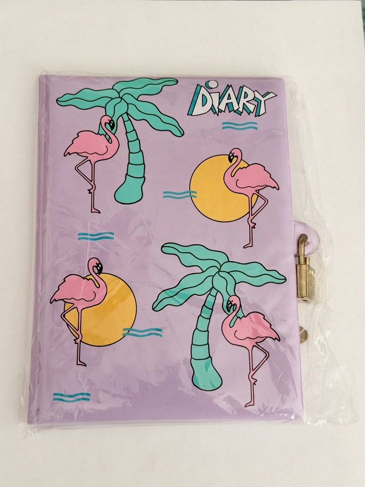 New VINTAGE 1990’s Girls Pink Flamingo Purple Plastic DIARY Journal Lock & Key