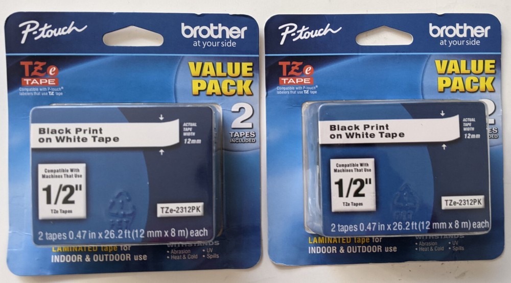 Brother White Laminated 1/2″ Tape P-Touch Labeler TZe-2312PK Lot 2 Packs of 2 =4
