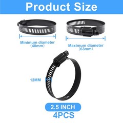 Litoexpe 2.5 Inch Stainless Steel Worm Gear Hose Clamp 4 Pcs, Inch, Black