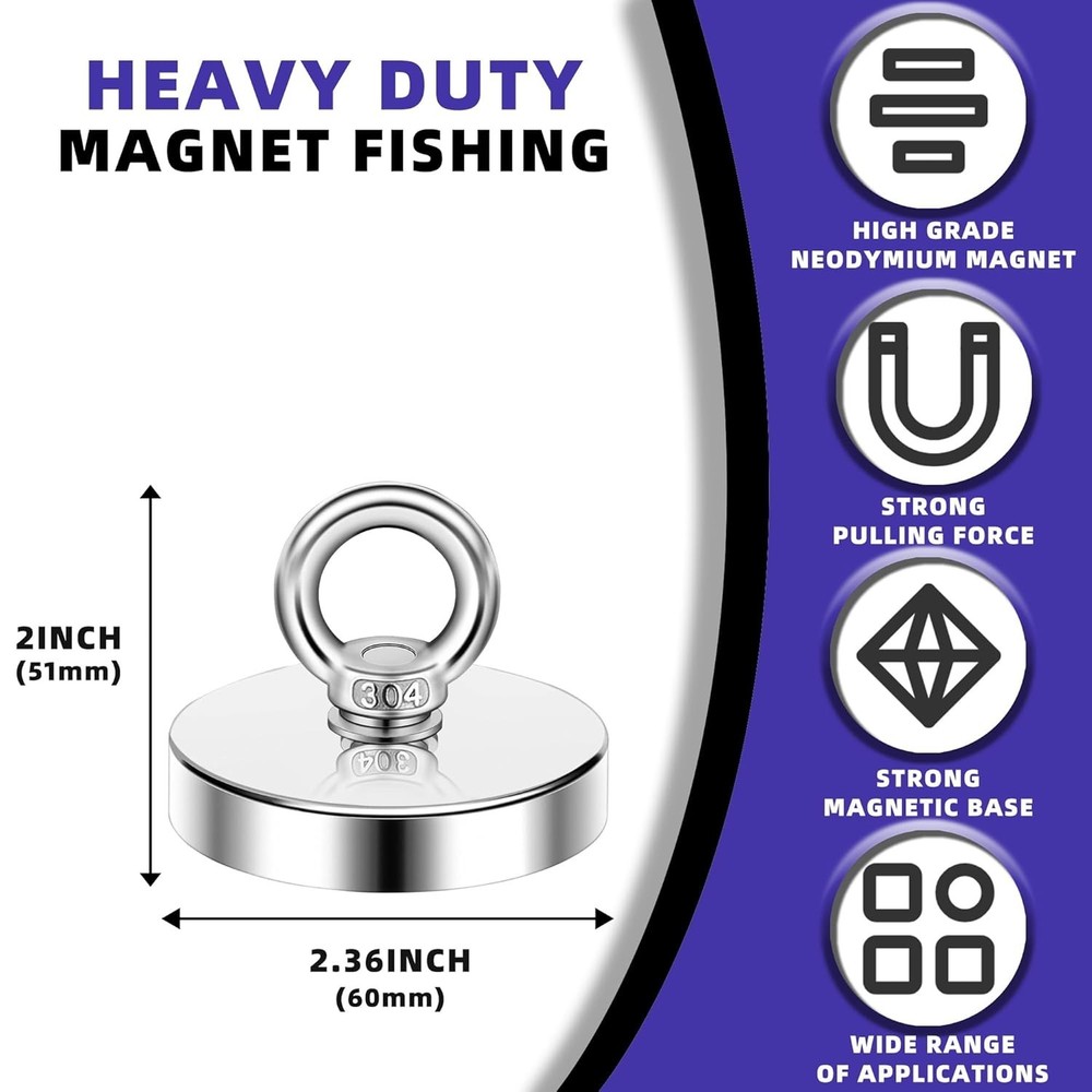 Super Strong Neodymium Fishing Magnets 300 LBS(127 KG) Pulling Force Rare Earth