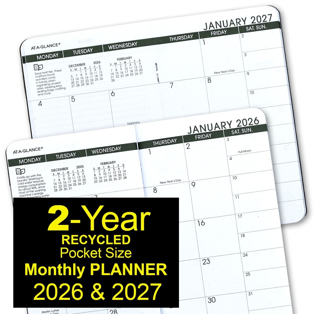 2026 & 2027 At-A-Glance 70-024G 2-Year Recycled Monthly Planner, 3-1/2 x 6-1/8″