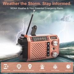 Hand Crank Emergency Weather Radio with 2600mAh/9620mWh Power Bank, Brown