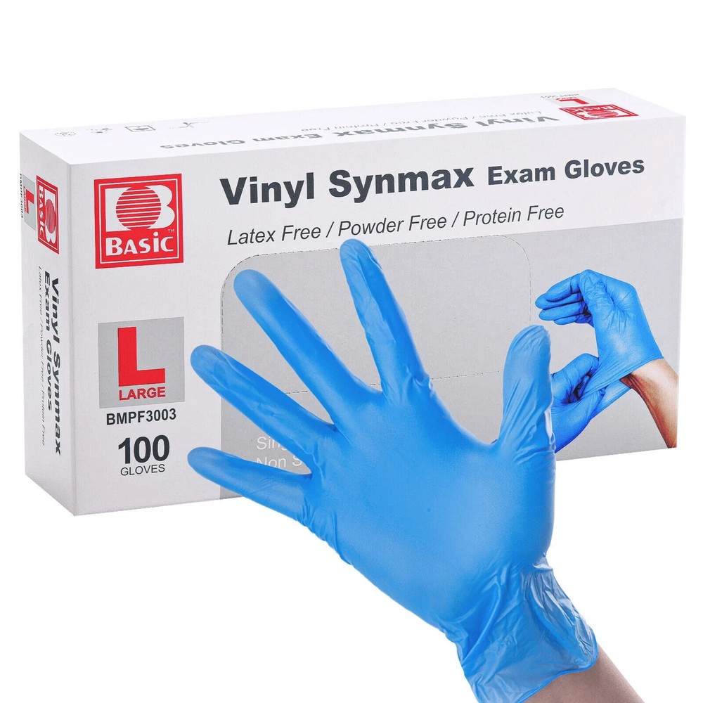 Blue 4mil Synmax Vinyl Exam Gloves Latex-Free & Power-Free 8 Pck 100 Each Size L