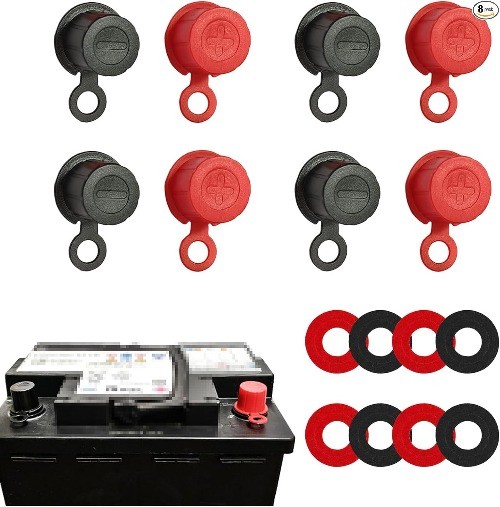 8PCS Red and Black Car Battery Terminal Covers with Deep Post Caps and Protectiv