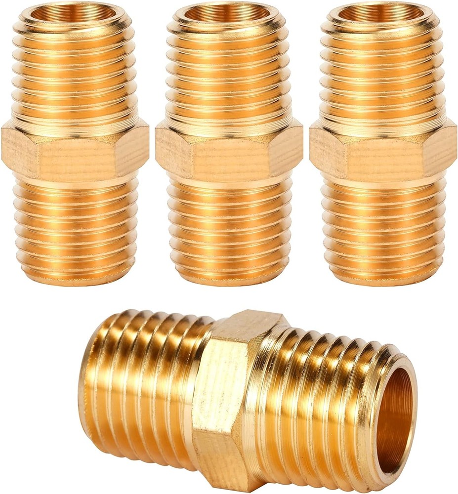 4 pcs Solid Brass Pipe Fitting, Hex Nipple, 1/4″ x 1/4″ NPT Male Pipe Adapter