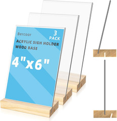 3 Pack 4″x6″ Acrylic Sign Holder with Wood Base, L/T Shape Vertical or Slant Bac