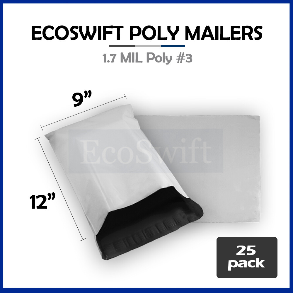 25 9 x 12 EcoSwift White Poly Mailers Shipping Envelopes Self Seal Bags 1.7 MIL
