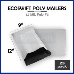 25 9 x 12 EcoSwift White Poly Mailers Shipping Envelopes Self Seal Bags 1.7 MIL