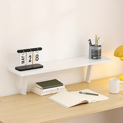 1pc White Wooden Floating Desk Shelf – Rectangular No-Drill Countertop Organizer