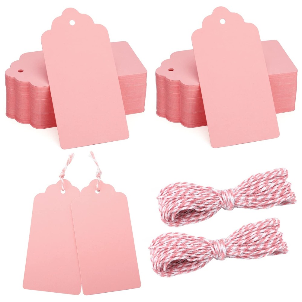jijAcraft 100pcs Blank Paper Gift Tags with String, 4’x 2′ Pink Rectangle Craft