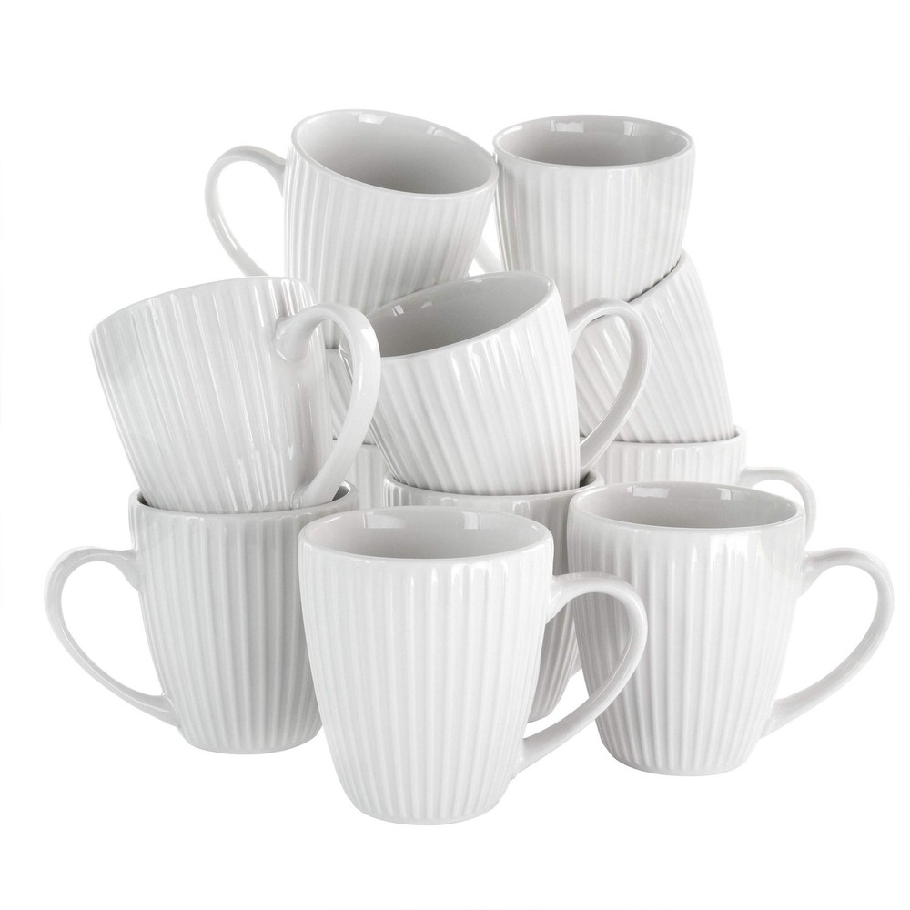Elama Elle 12 Piece Round Porcelain Mug Set In White Round Glossy Porcelain