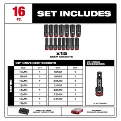 Milwaukee Tool 49-66-6803 1/2 In Drive Socket Set Metric, Sae 16 Pieces 10 Mm