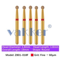 Vakker 5pc Dental Zirconica Diamond Burs w/ Metal Holder Z801 Z801L Round Shape