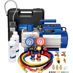 14.4CFM 1.5 HP 2 Stage HVAC Vacuum Pump & 4 Way AC Manifold Gauge Set 5ft Hoses