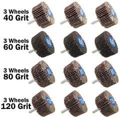 12 Pack ¼” Shank Flap Wheel Assortment, Includes 40, 60, 80, & 120 Grit 2″×1″×¼”