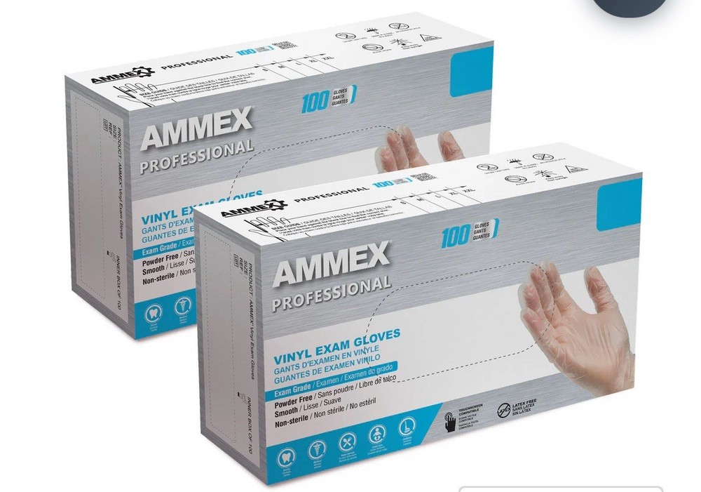 200 Exam Gloves 2 Boxes AMMEX Professional Vinyl Latex & Powder Free Size Large