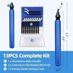 13-Piece Deburring Tool Set for 3D Printing, Metal, PVC – Aluminum Handle & HSS
