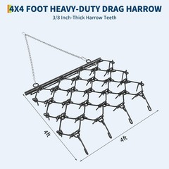 ATV Tractor Drag Harrow 4×4 ft & 5×4.5 ft, 3/8″ & 1/2″ Teeth, Tow-Behind Grading