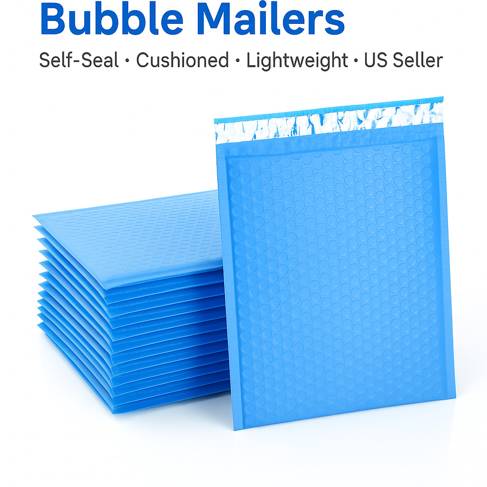 Blue Bubble Poly Mailers #000–#5 | Packs 50/100/200 | Self-Seal USPS