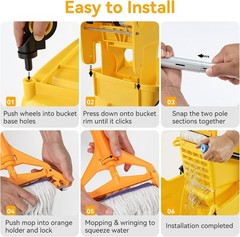 38 Qt Commercial Mop Bucket with Side Press Wringer on Wheels & Mops Set