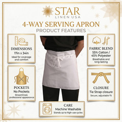 Four Way Apron 17 x 34 White 55% Cotton 45% Polyester Tie Strap Closure Washable