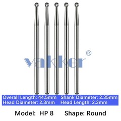 Vakker Dental HP 8 Carbide Burs Round For Straight Handpiece 2.35mm Shank 5pc/pk