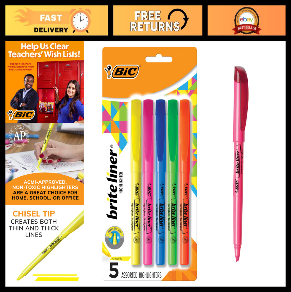 Highlighter Set, Chisel Tip, 5 Assorted Colors, Bright Neon Markers for School &