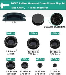 Rubber Grommet Kit 200 Pack – 7 Sizes Firewall Rubber Hole Plugs – Automotive, H
