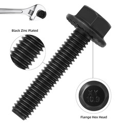 60PCS M6-1.0 x 12mm Flanged Hex Head Bolts Black Zinc Alloy Steel Class