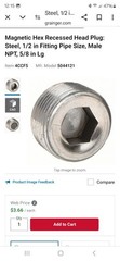 10 Magnetic Pipe Plug 1/2″ NPT 3/8″ Hex Recessed Steel Male NPT .610″ NEW 5/8″L