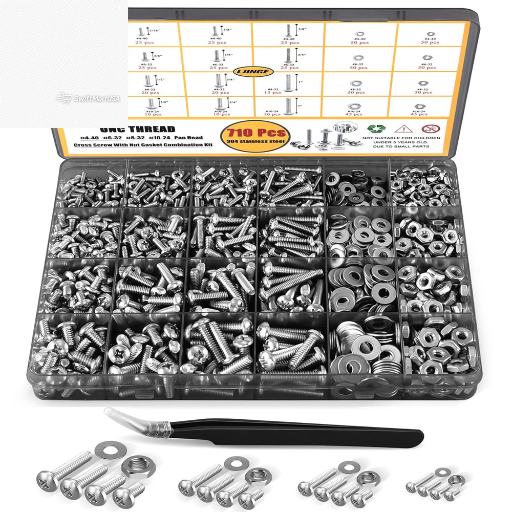 710Pc Machine Screw Assortment Black Stainless Steel Pan Head Nuts Bolts Kit SAE