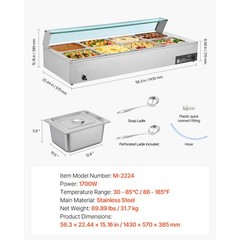 Uimoso Commercial Food Warmer 8-Pan 1700W Buffet Bain Marie with Glass Lid