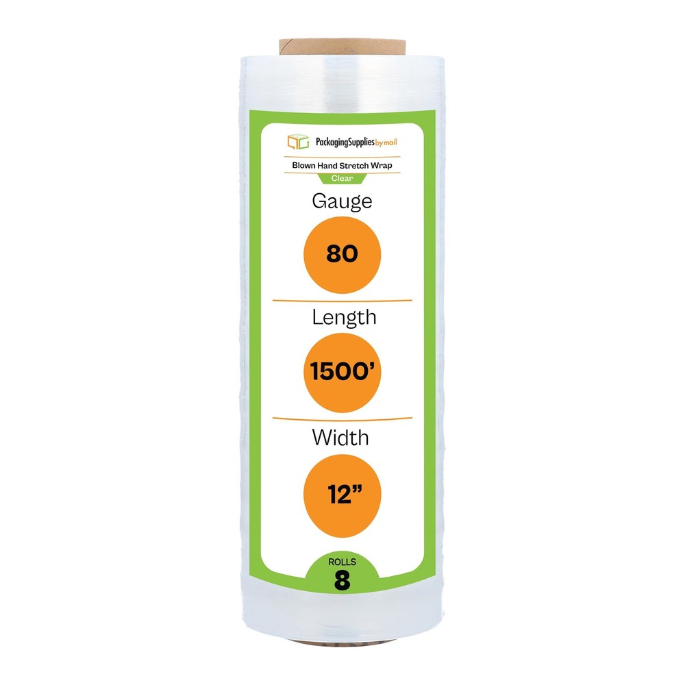 12″ x 1500′ 8 Rolls Blown Hand Shrink Film Packaging Stretch Wrap 80 Gauge Clear
