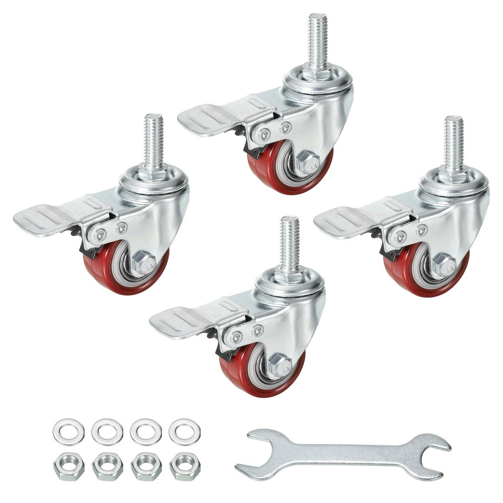 4pcs 1.5″ Swivel Threaded Stem Casters 3/8″-16UNC PU with Brake 88lbs Load Red