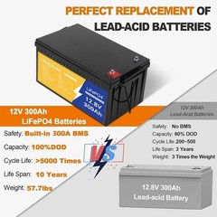 12V LiFePO4 Lithium Battery 12V 300Ah Deep Cycle BMS for RV Off-grid Marine