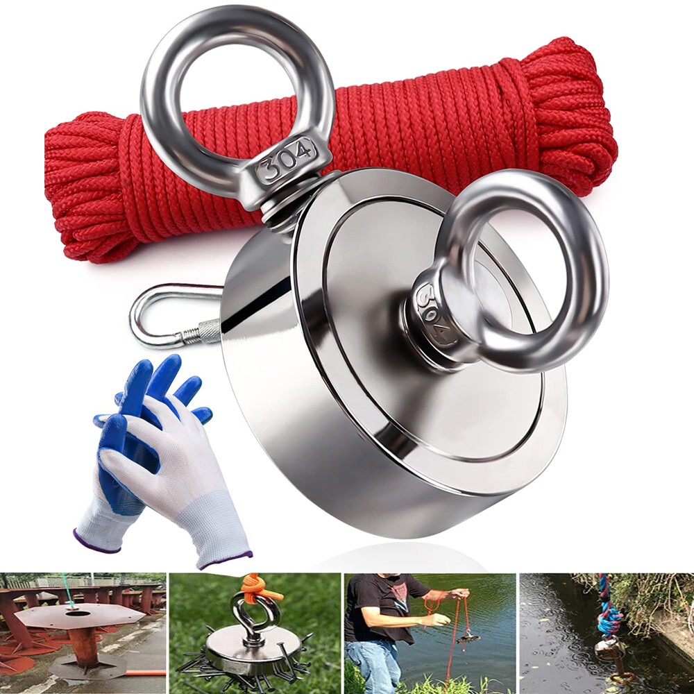 1500 LBS Strong Fishing Magnet Kit Double-Sided Pull Force and Rope Carabiner US