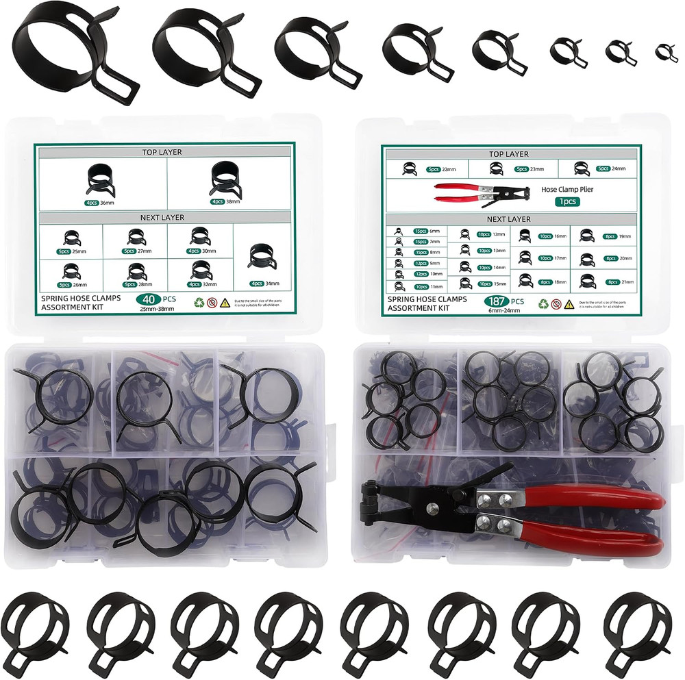 227Pcs 6-38Mm Spring Band Hose Clamp Assortment Kit with Swivel Flat Band Fuel H