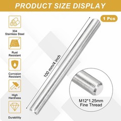 M12x1.25mm 100mm 304 Stainless Steel Fully Threaded Rod